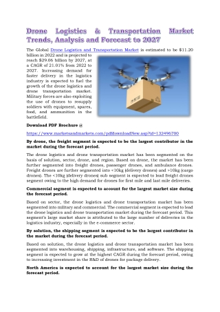 Drone Logistics & Transportation Market Trends, Analysis and Forecast to 2027