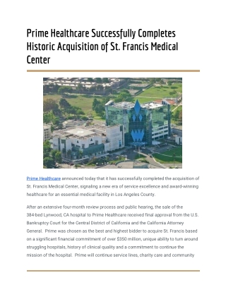 Prime Healthcare Successfully Completes Historic Acquisition of St. Francis Medical Center