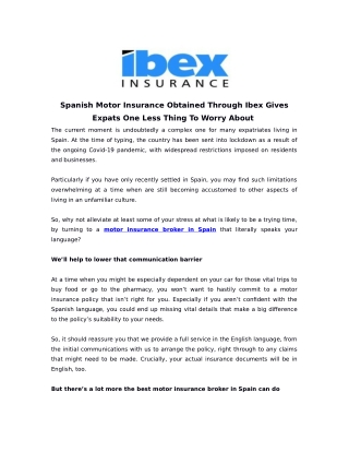 Spanish Motor Insurance Obtained Through Ibex GivesExpats One Less Thing To Worry About