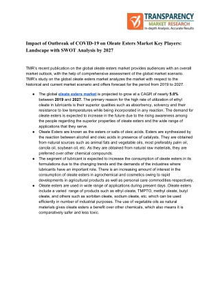 Oleate Esters Market Key Players, Comprehensive Analysis, Growth Forecasts to 2027