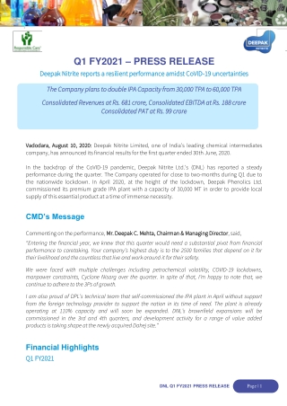 Deepak Nitrite reports a resilient performance amidst CoVID-19 uncertainties