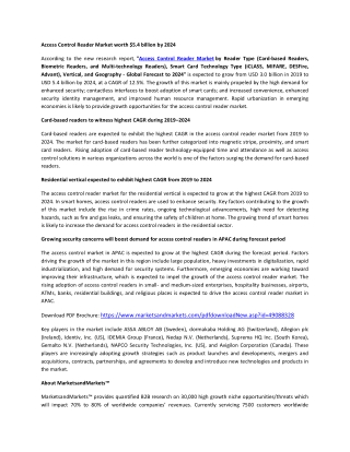 Access Control Reader Market Size, Share, and Industry Analysis and Market Forecast to 2024 | MarketsandMarkets