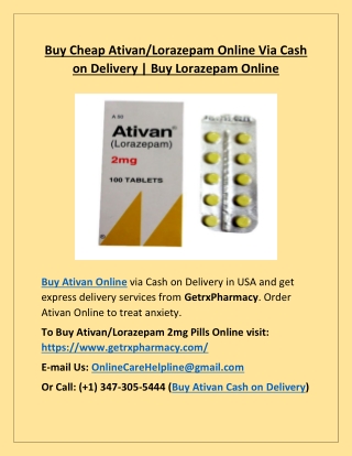 Buy Cheap Ativan/Lorazepam Online Via Cash On Delivery | Buy Lorazepam Online