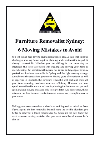 Furniture Removalist Sydney: 6 Moving Mistakes to Avoid
