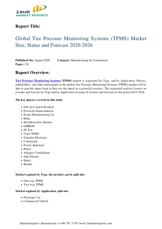 Tire Pressure Monitoring Systems (TPMS) Market Size, Status and Forecast 2020-2026