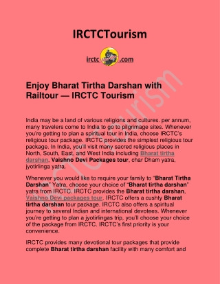 Enjoy Bharat Tirtha Darshan with Railtour — IRCTC Tourism