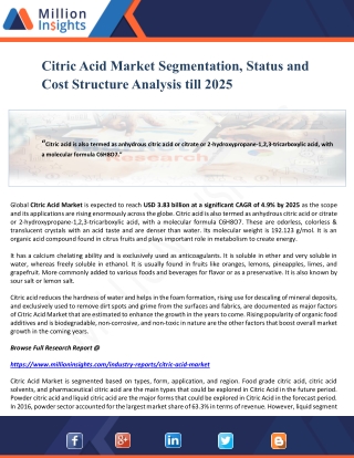 Citric Acid Market Segmentation, Status and Cost Structure Analysis till 2025