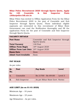 Bihar Police Recruitment 2020 through Sports Quota, Apply for 140 Constable & Sub Inspector Posts @biharpolice.bih.nic.i