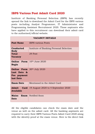 IBPS Various Post Admit Card 2020