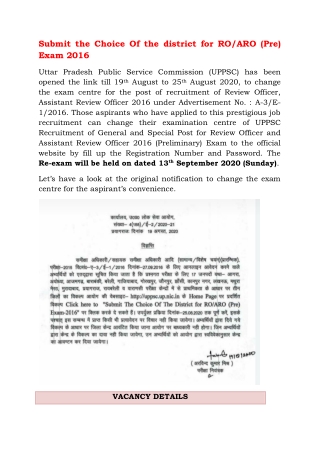 Submit the Choice Of the district for RO/ARO (Pre) Exam 2016
