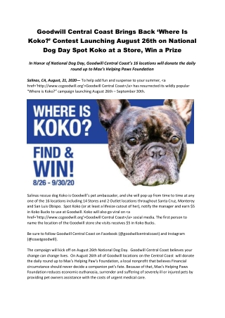 Goodwill Central Coast Brings Back ‘Where Is Koko?’ Contest Launching August 26th