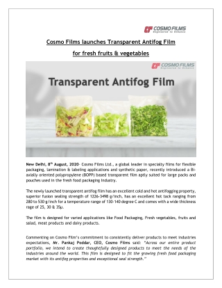 Cosmo Films launches Transparent Antifog Film for fresh fruits & vegetables