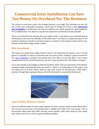 Commercial Solar Installation Can Save You Money On Overhead For The Business