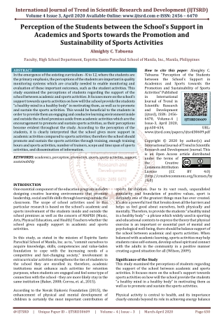 Perception of the Students between the School’s Support in Academics and Sports towards the Promotion and Sustainability