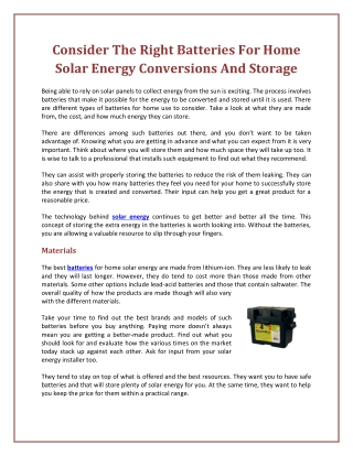 Consider The Right Batteries For Home Solar Energy Conversions And Storage