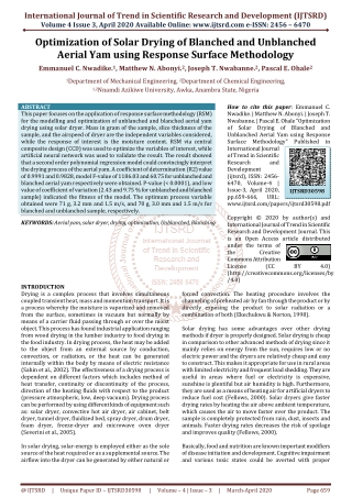 Optimization of Solar Drying of Blanched and Unblanched Aerial Yam using Response Surface Methodology