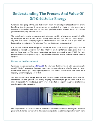 Understanding The Process And Value Of Off-Grid Solar Energy