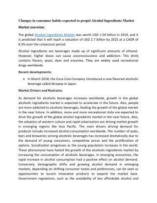 Global Alcohol Ingredients Market foreseen to garner a CAGR above 8%