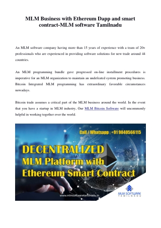 MLM Business with Ethereum Dapp and smart contract-MLM software Tamilnadu