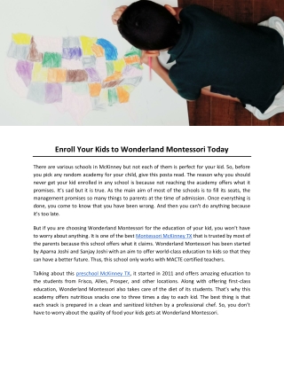 Enroll Your Kids to Wonderland Montessori Today