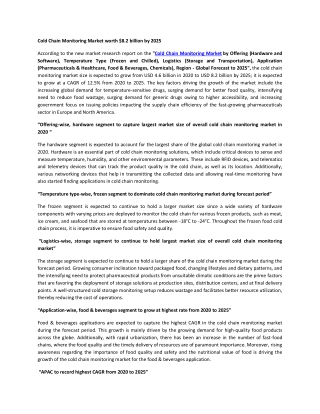Cold Chain Monitoring Market by Offering, Temperature Type, Logistics, Application | COVID-19 Impact Analysis | Marketsa