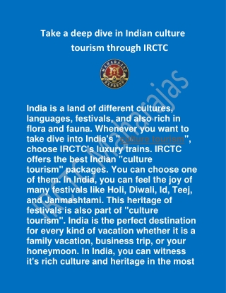 Take a deep dive in Indian culture tourism through IRCTC