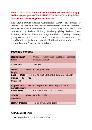 UPSC CDS 2 2020 Notification Released for 344 Posts: Apply Online @upsc.gov.in Check UPSC CDS Exam Date, Eligibility, Se