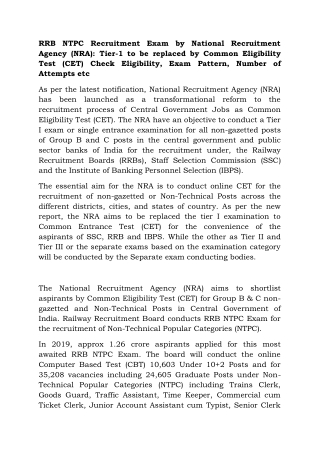 RRB NTPC Recruitment Exam by National Recruitment Agency (NRA): Tier-1 to be replaced by Common Eligibility Test (CET) C