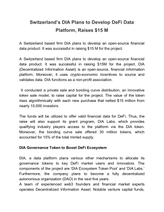 Switzerland’s DIA Plans to Develop DeFi Data Platform, Raises $15 M