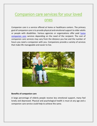Companion care services for your loved ones