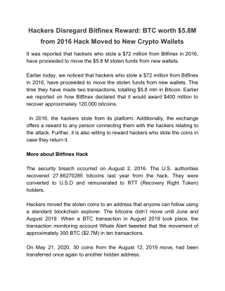 Hackers Disregard Bitfinex Reward_ BTC worth $5