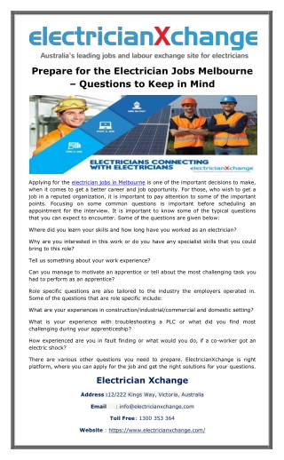 Prepare for the Electrician Jobs Melbourne – Questions to Keep in Mind