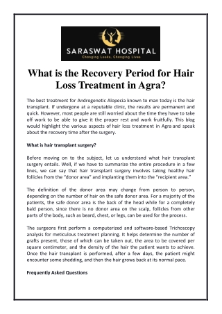 What is the Recovery Period for Hair Loss Treatment in Agra?