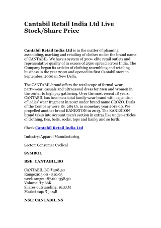 Cantabil Retail India Ltd Live Stock/Share Price