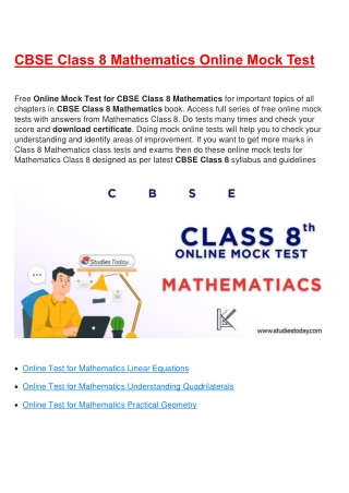 Free Online test for class 8 Mathematics all Chapter