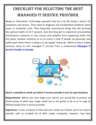 CheCklist For seleCting the Best Managed it serviCe Provider