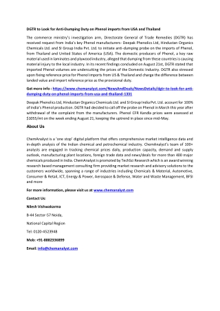 DGTR to Look for Anti-Dumping Duty on Phenol imports from USA and Thailand