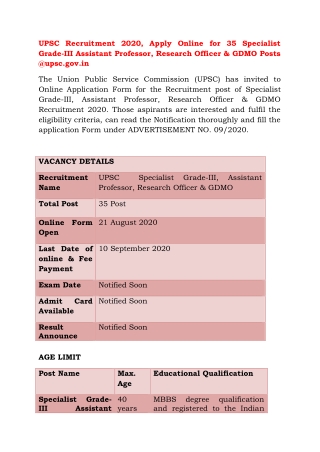 UPSC Recruitment 2020, Apply Online for 35 Specialist Grade-III Assistant Professor, Research Officer & GDMO Posts @upsc