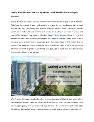 Godrej Worli Mumbai Price & Offer's