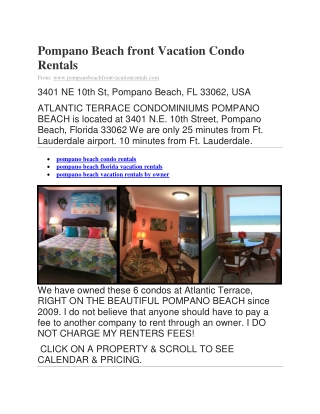 Pompano Beach front Vacation Condo Rentals