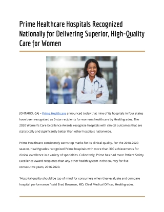 Primehealthcare Hospitals Recognized Nationally for Delivering Superior, High-Quality Care for Women