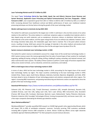 Laser Technology Market by Type, Revenue, Application | COVID-19 Impact Analysis | MarketsandMarkets