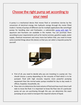 Choose the right pump set according to your need