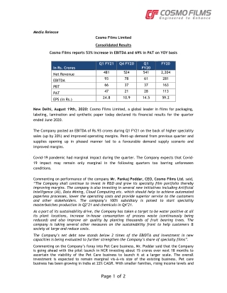 Cosmo Films Limited - Consolidated Results