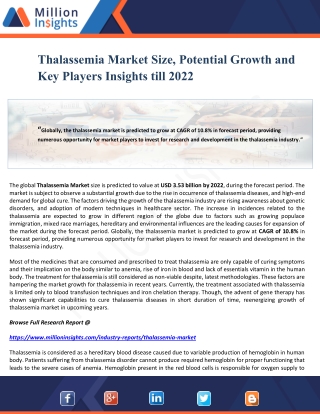 Thalassemia Market Size, Potential Growth and Key Players Insights till 2022