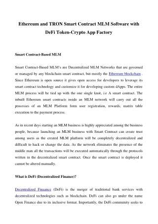 Ethereum and TRON Smart Contract MLM Software with DeFi Token-Crypto app factory