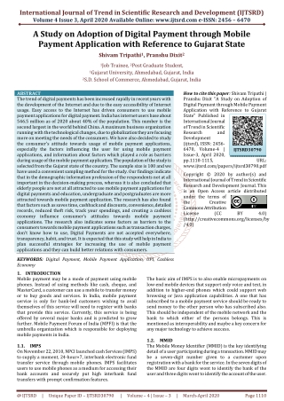 A Study on Adoption of Digital Payment through Mobile Payment Application with Reference to Gujarat State