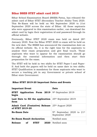 Bihar BSEB STET admit card 2019