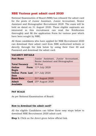 NBE Various post admit card 2020