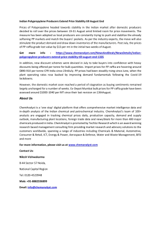 Indian Polypropylene Producers Extend Price Stability till August End
